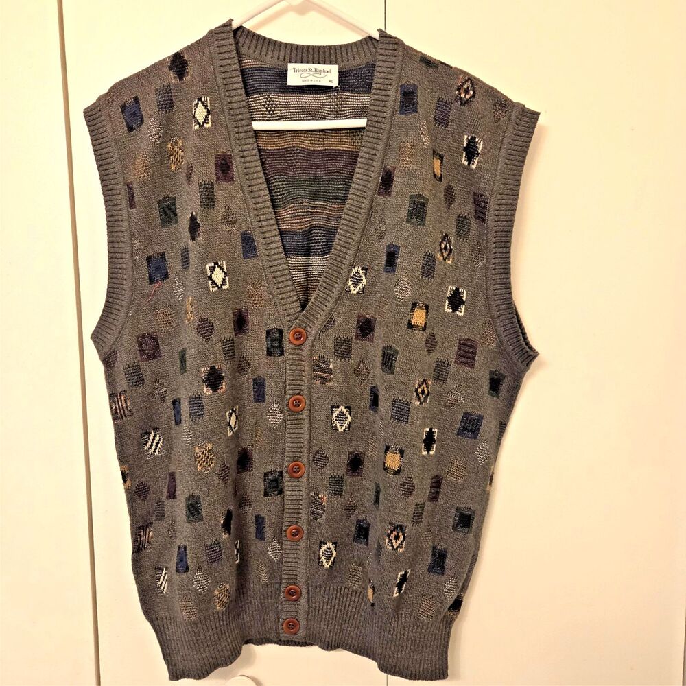 Vintage Tricots St Raphael Sweater XL Geometric 80s Made in USA Soft Grandpacore